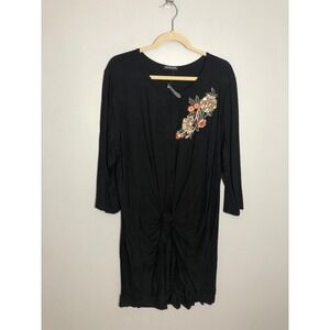NEW Cha Cha Vente Tunic Top Womens 3X Black Sequin Floral Embroidered Front Knot